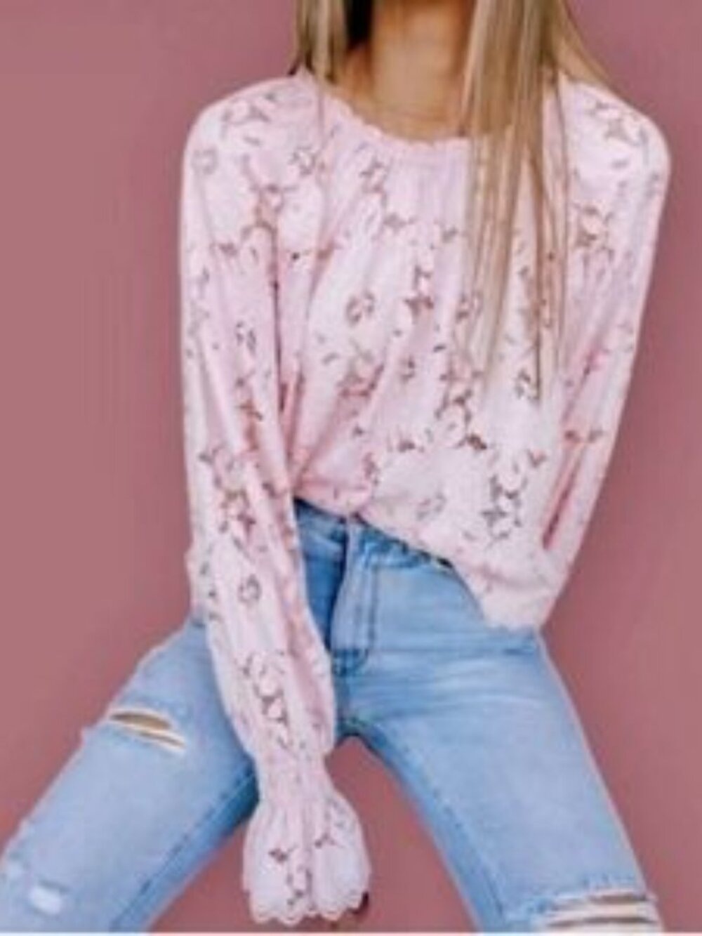 Free People Blush Pink Lace Boho Blouse Sheer Long Sleeve Romantic Top Size S - Picture 12 of 12